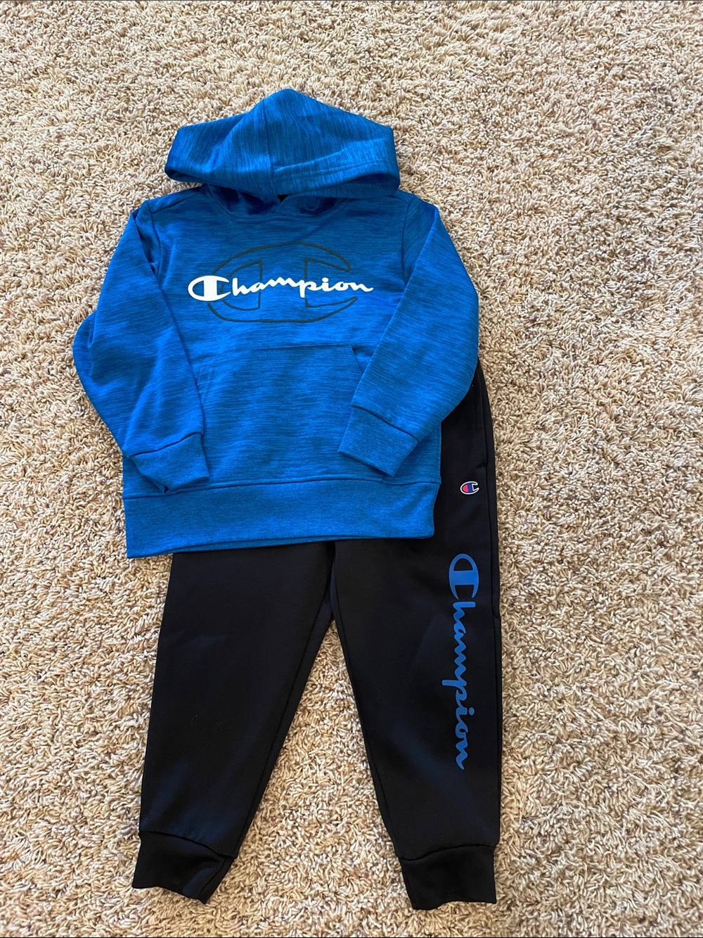 Champion Blue Hooded Sweatshirt with Black Logo Joggers Size 4/5